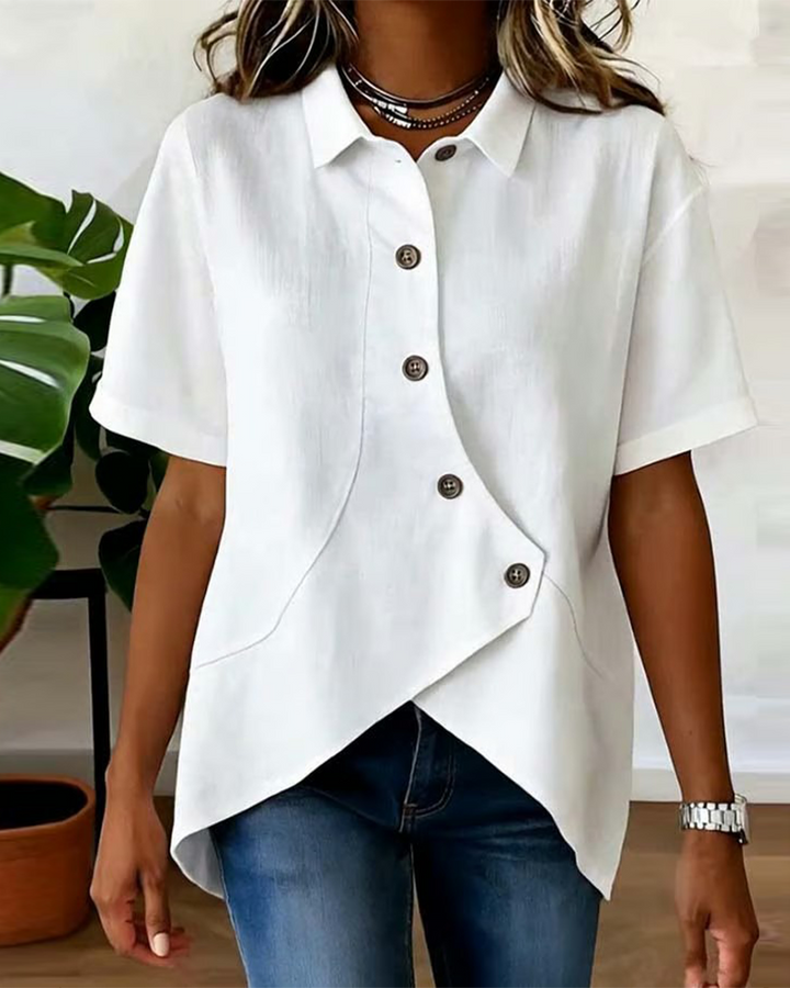 Julia - Blusa Asimétrica de Algodón-Lino con Botones