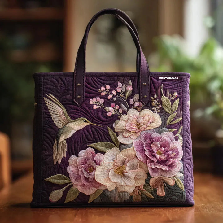 Bolsa Artesanal Acolchada - Diseño de Colibríes y Orquídeas