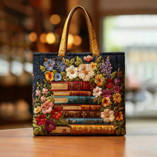 Bolsa Artesanal con Diseño Floral y Motivos de Libros