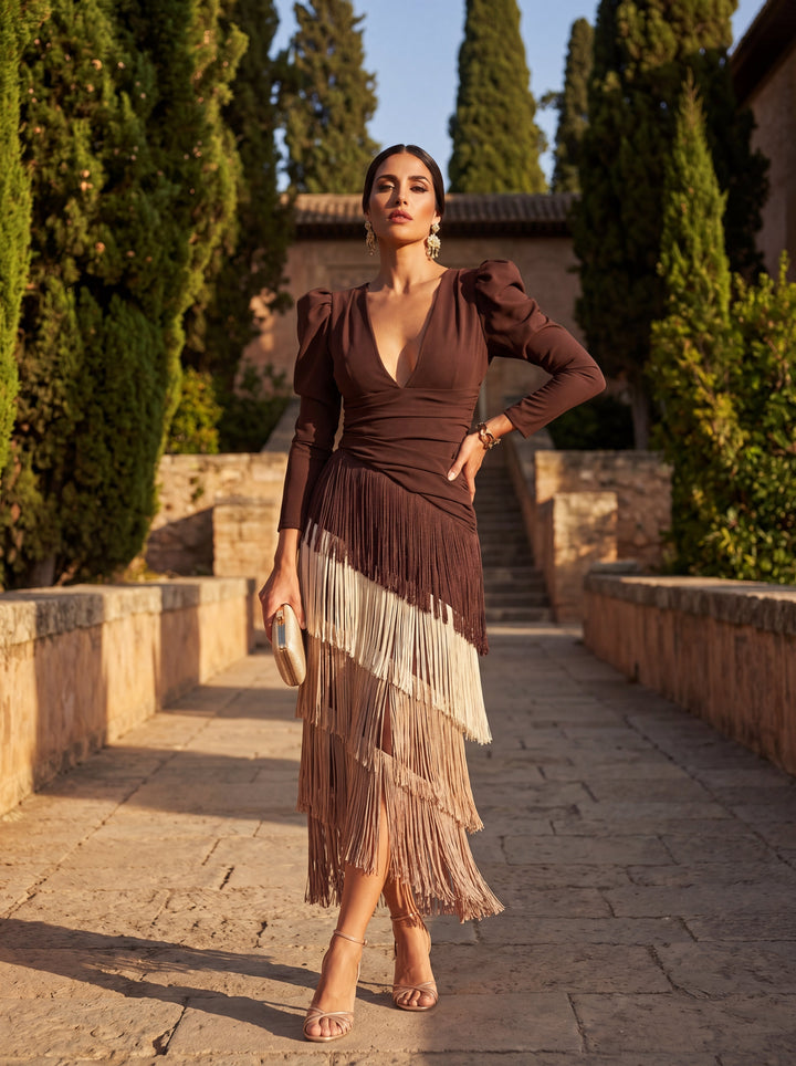 Vestido Evaseado con Elegantes Flecos