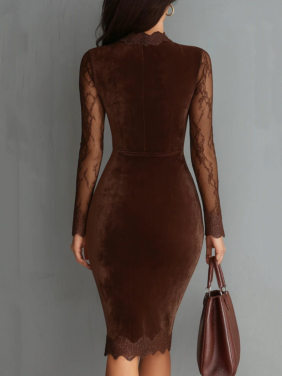 GIOIA║Mini vestido de terciopelo con cuello vintage y mangas de encaje marrón
