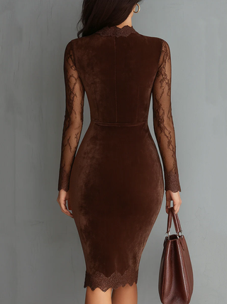 GIOIA║Mini vestido de terciopelo con cuello vintage y mangas de encaje marrón