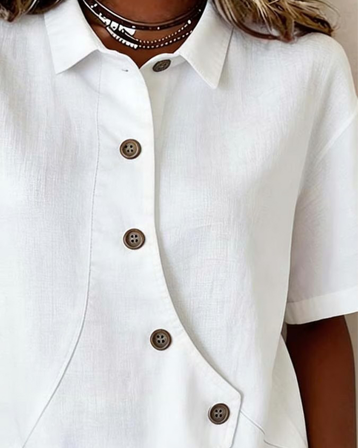 Julia - Blusa Asimétrica de Algodón-Lino con Botones