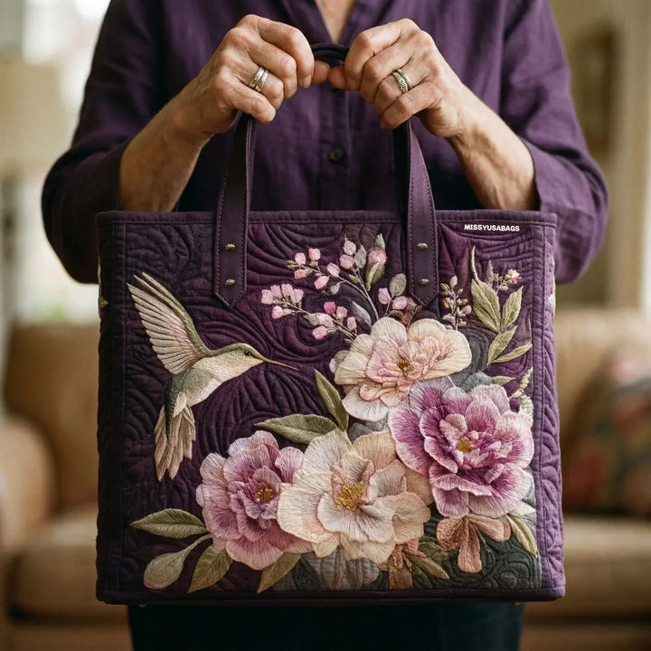 Bolsa Artesanal Acolchada - Diseño de Colibríes y Orquídeas